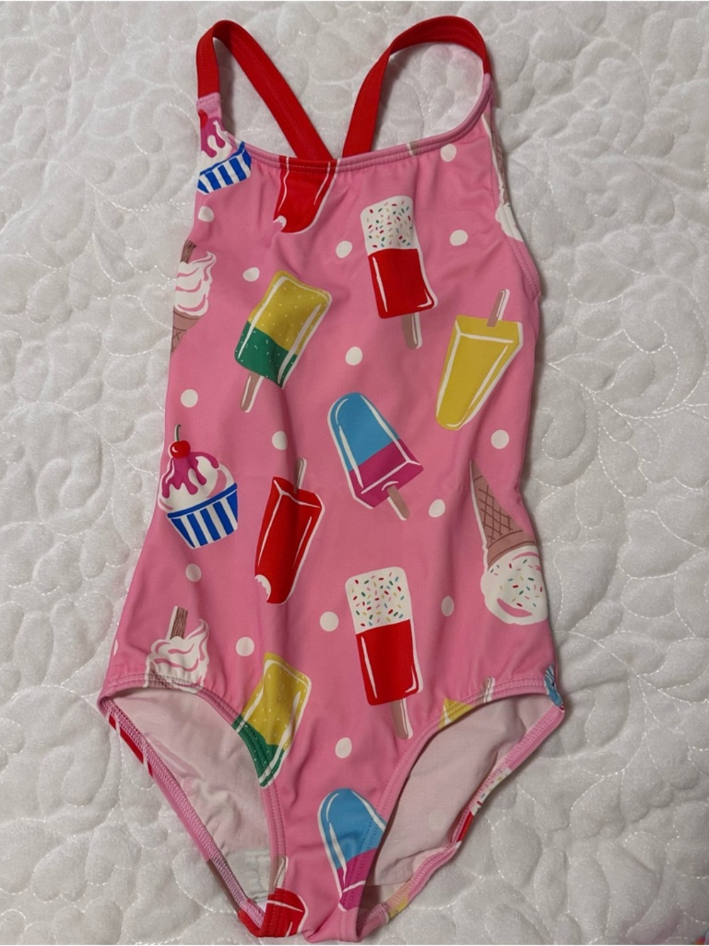 Boden Pink One-Piece Swim with Popsicle & Cupcake Print